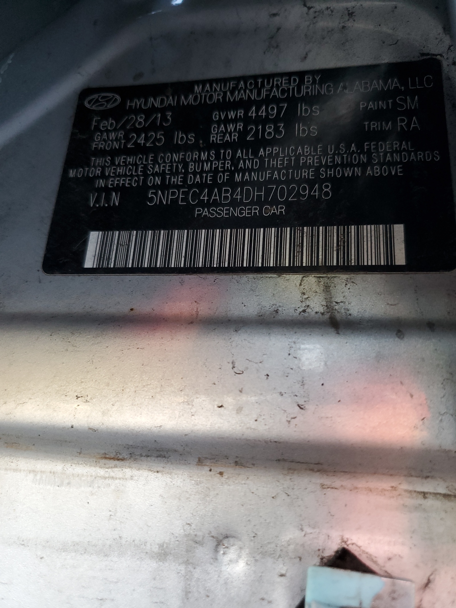 5NPEC4AB4DH702948 2013 Hyundai Sonata Se