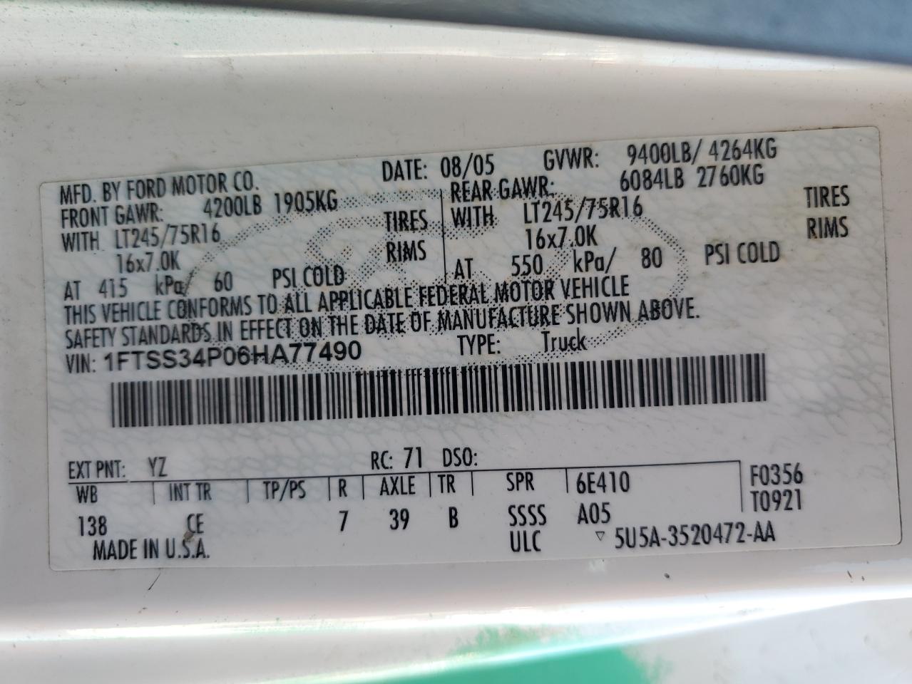 2006 Ford Econoline E350 Super Duty Van VIN: 1FTSS34P06HA77490 Lot: 64969174