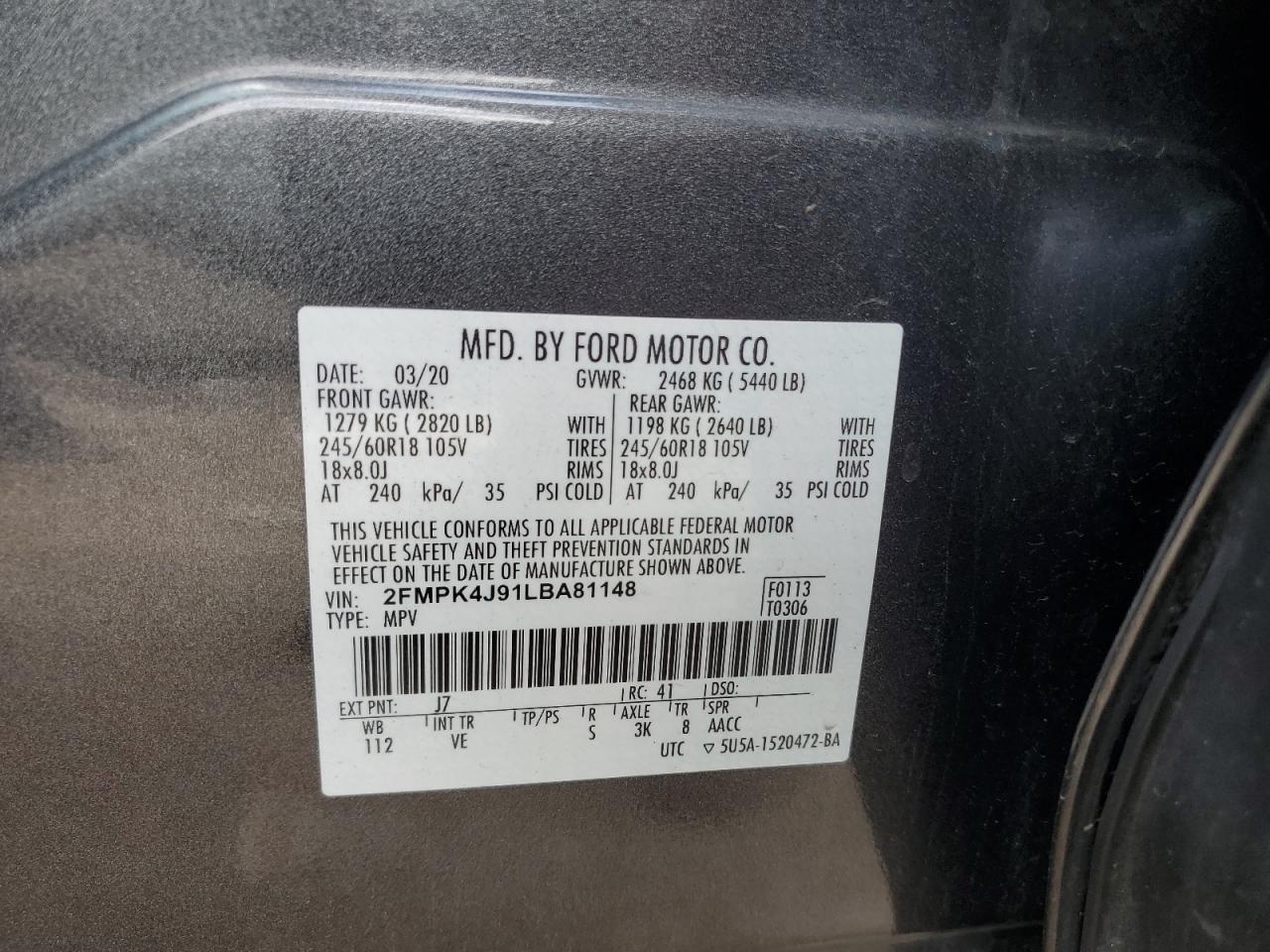 2FMPK4J91LBA81148 2020 Ford Edge Sel