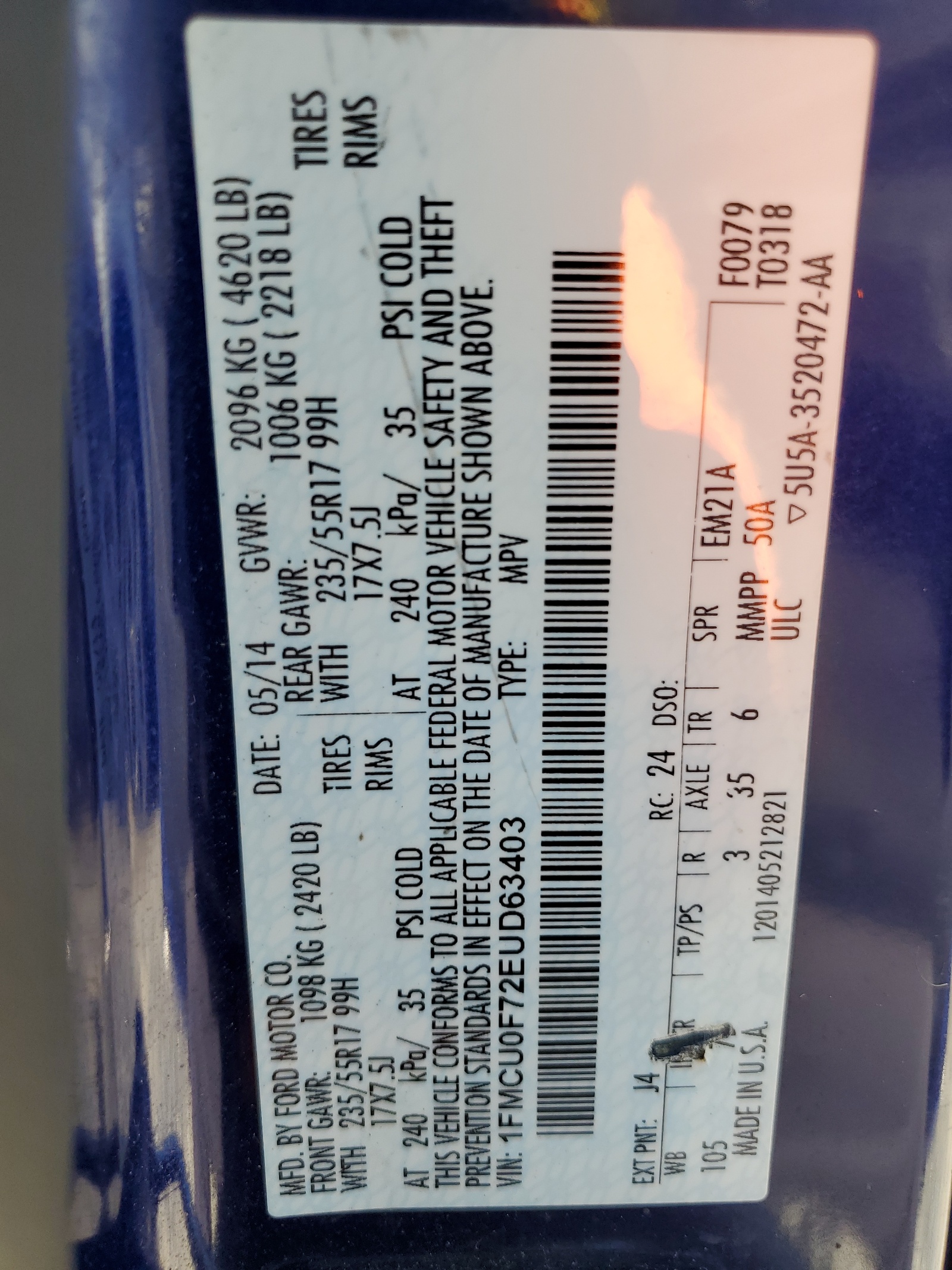 1FMCU0F72EUD63403 2014 Ford Escape S