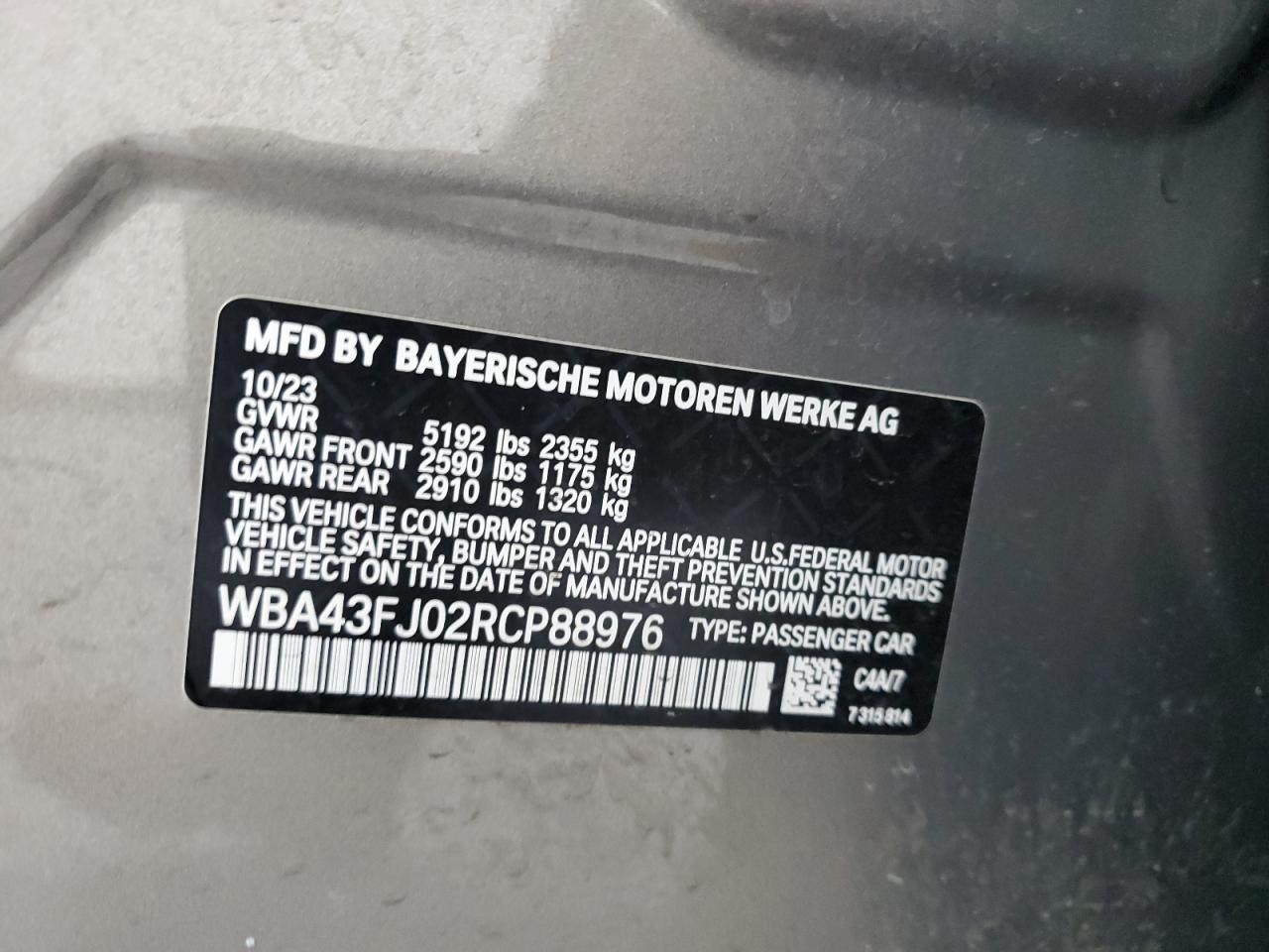 2024 BMW 530 I VIN: WBA43FJ02RCP88976 Lot: 63562594