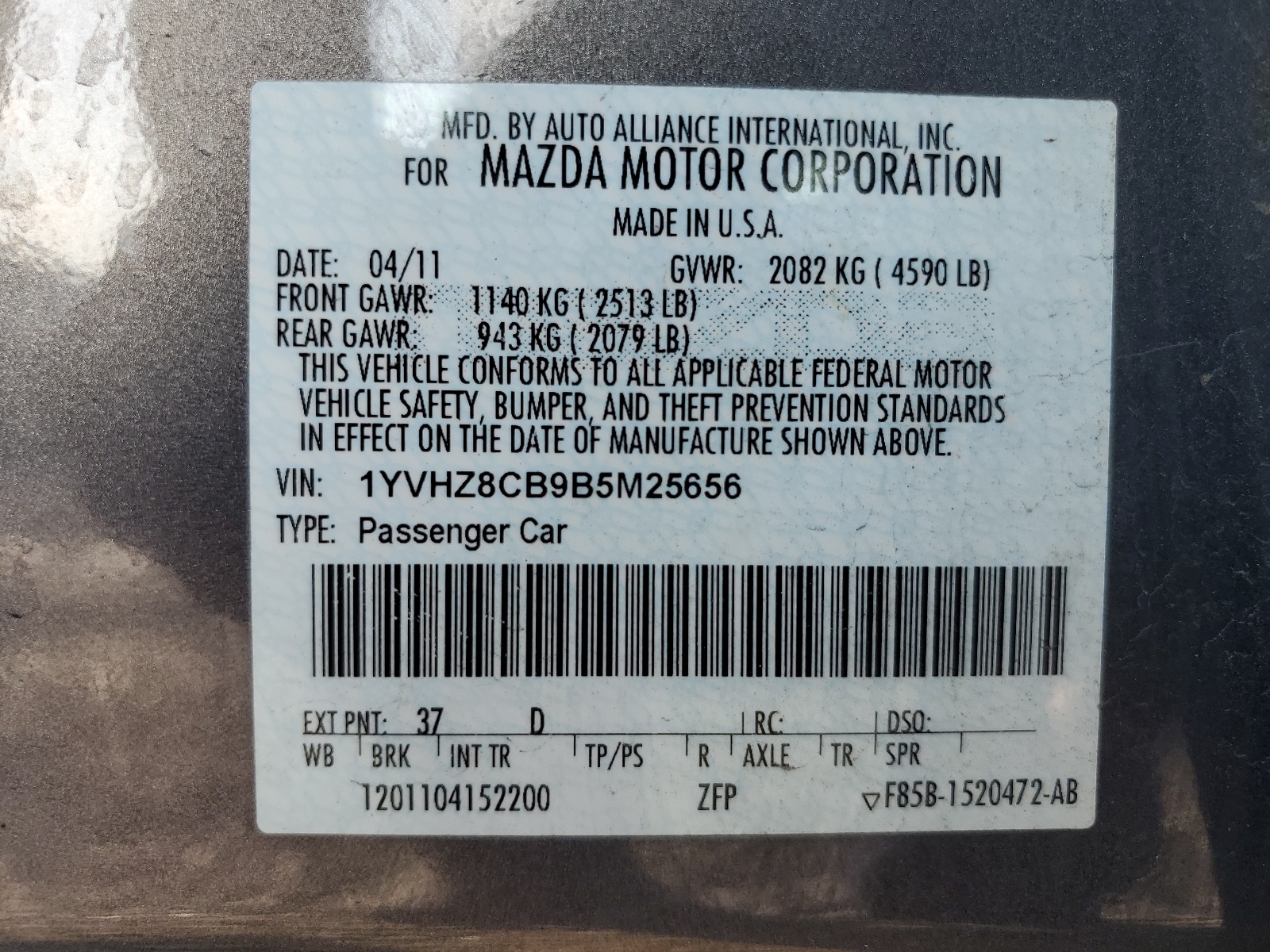 1YVHZ8CB9B5M25656 2011 Mazda 6 S