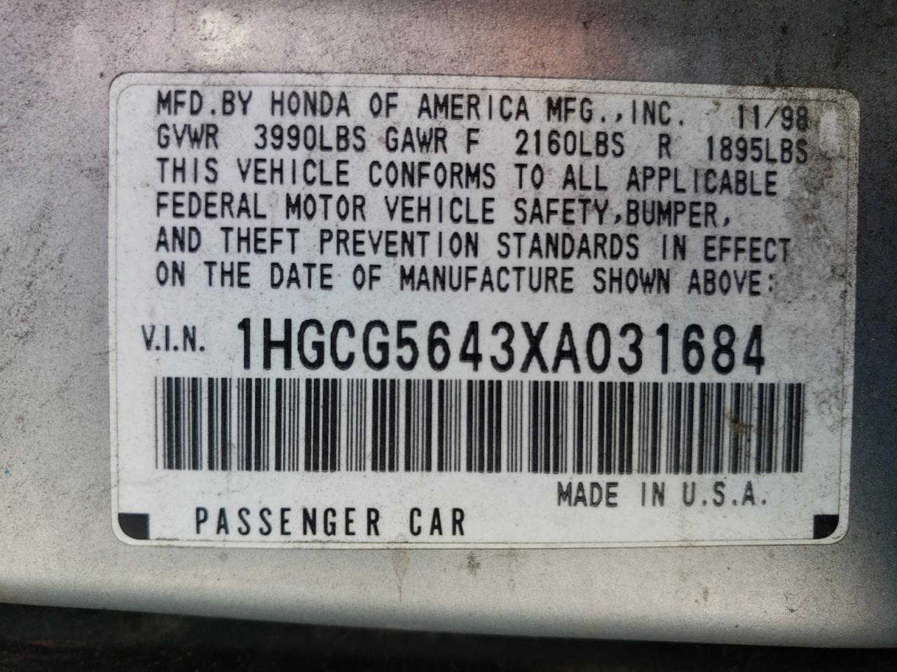 1999 Honda Accord Lx VIN: 1HGCG5643XA031684 Lot: 61859704