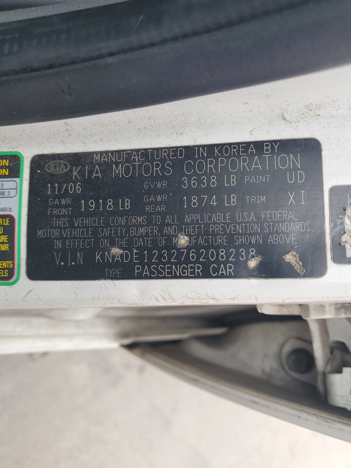 KNADE123276208238 2007 Kia Rio Base