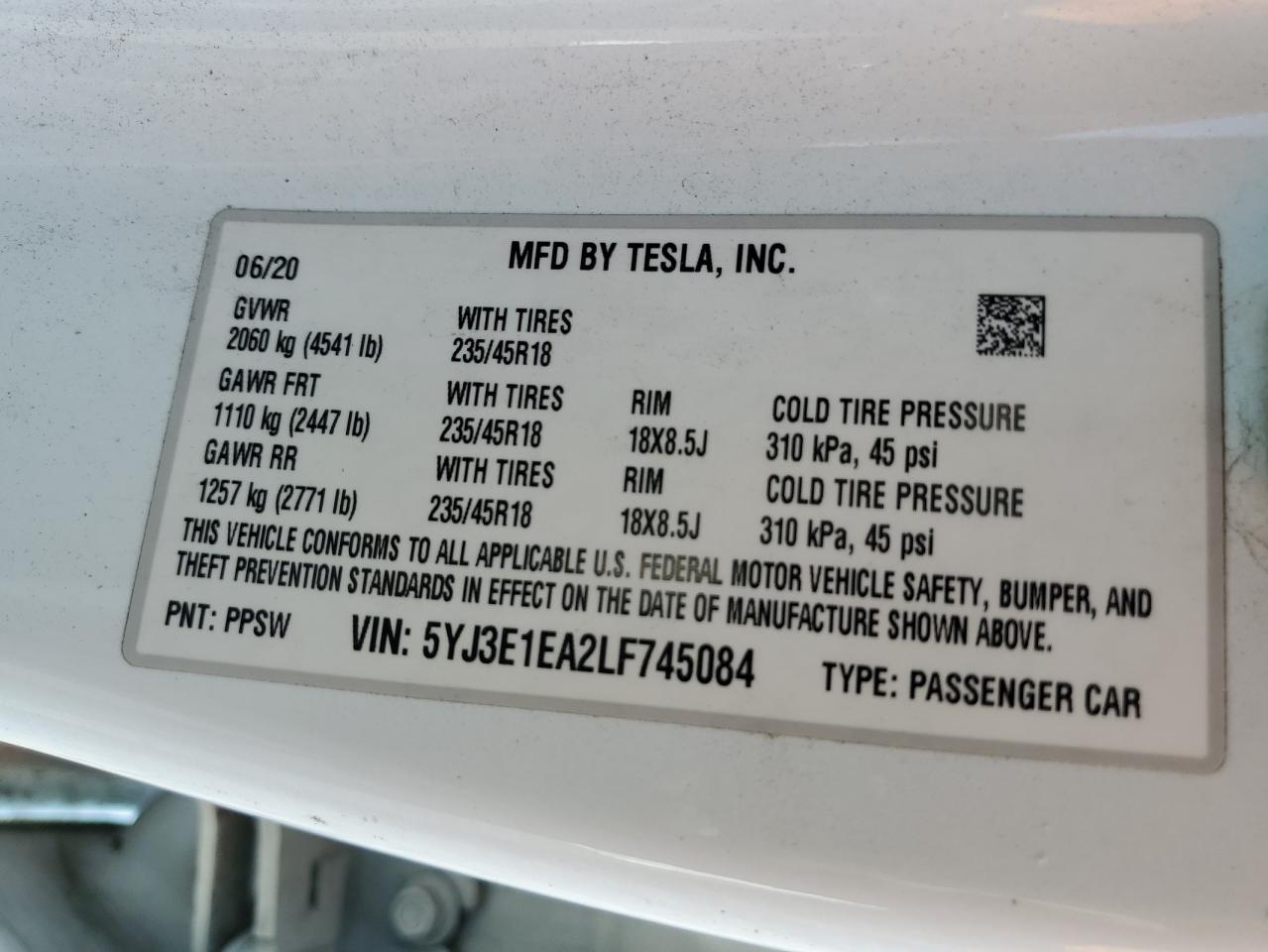 2020 Tesla Model 3 VIN: 5YJ3E1EA2LF745084 Lot: 62058874