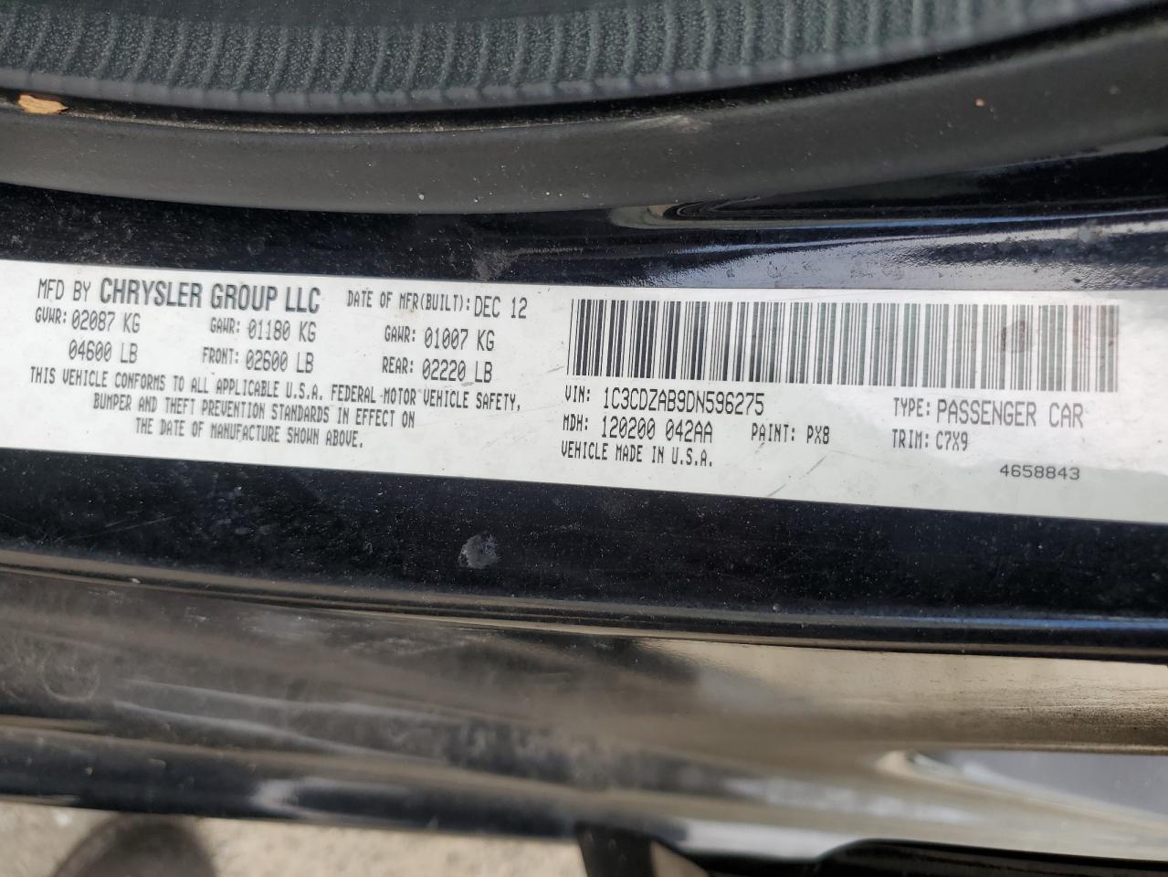 2013 Dodge Avenger Se VIN: 1C3CDZAB9DN596275 Lot: 64266164