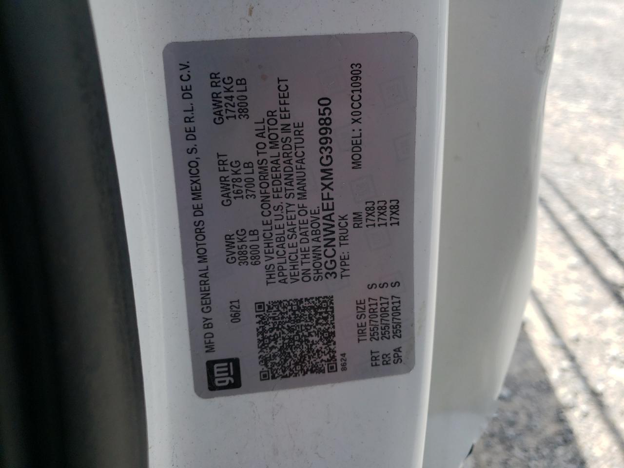 2021 Chevrolet Silverado C1500 VIN: 3GCNWAEFXMG399850 Lot: 61651764