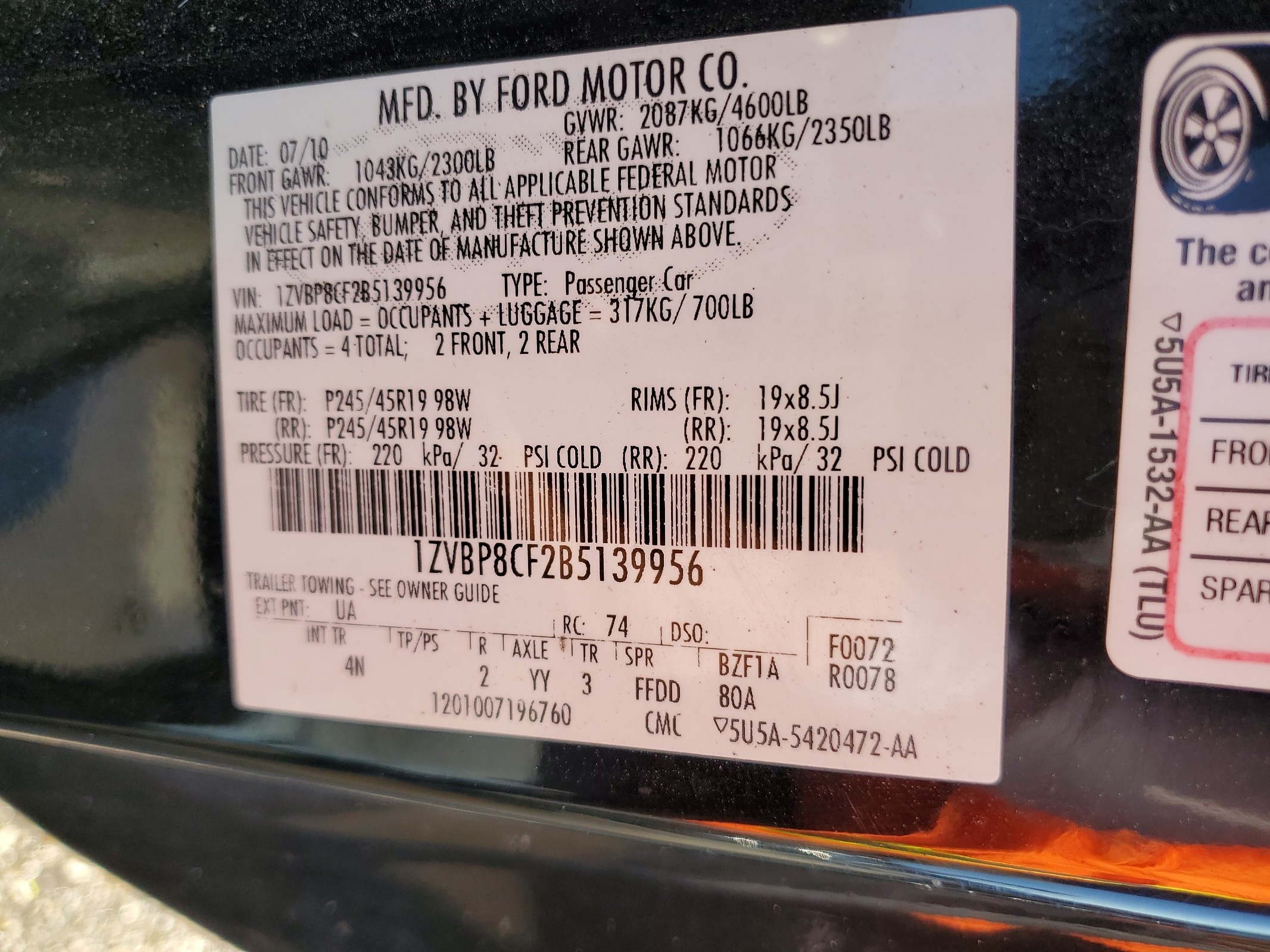 1ZVBP8CF2B5139956 2011 Ford Mustang Gt