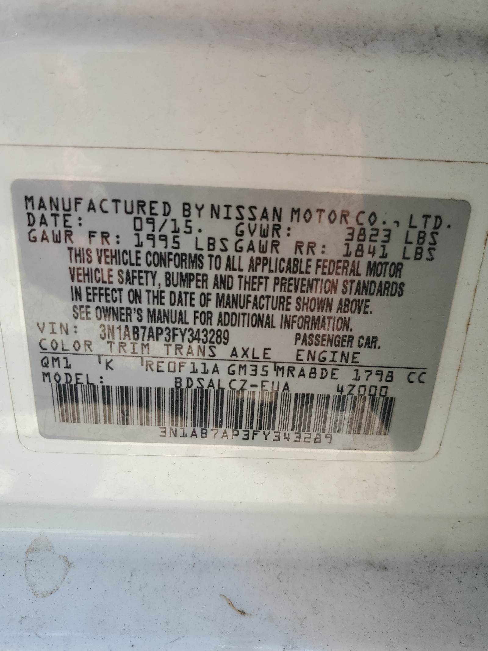 3N1AB7AP3FY343289 2015 Nissan Sentra S