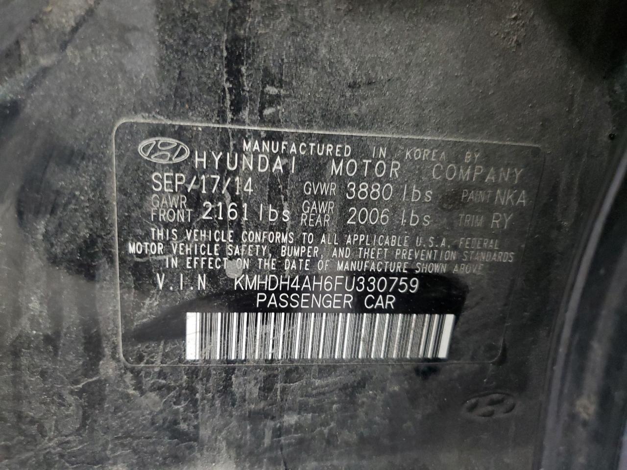 2015 Hyundai Elantra Se VIN: KMHDH4AH6FU330759 Lot: 62235784