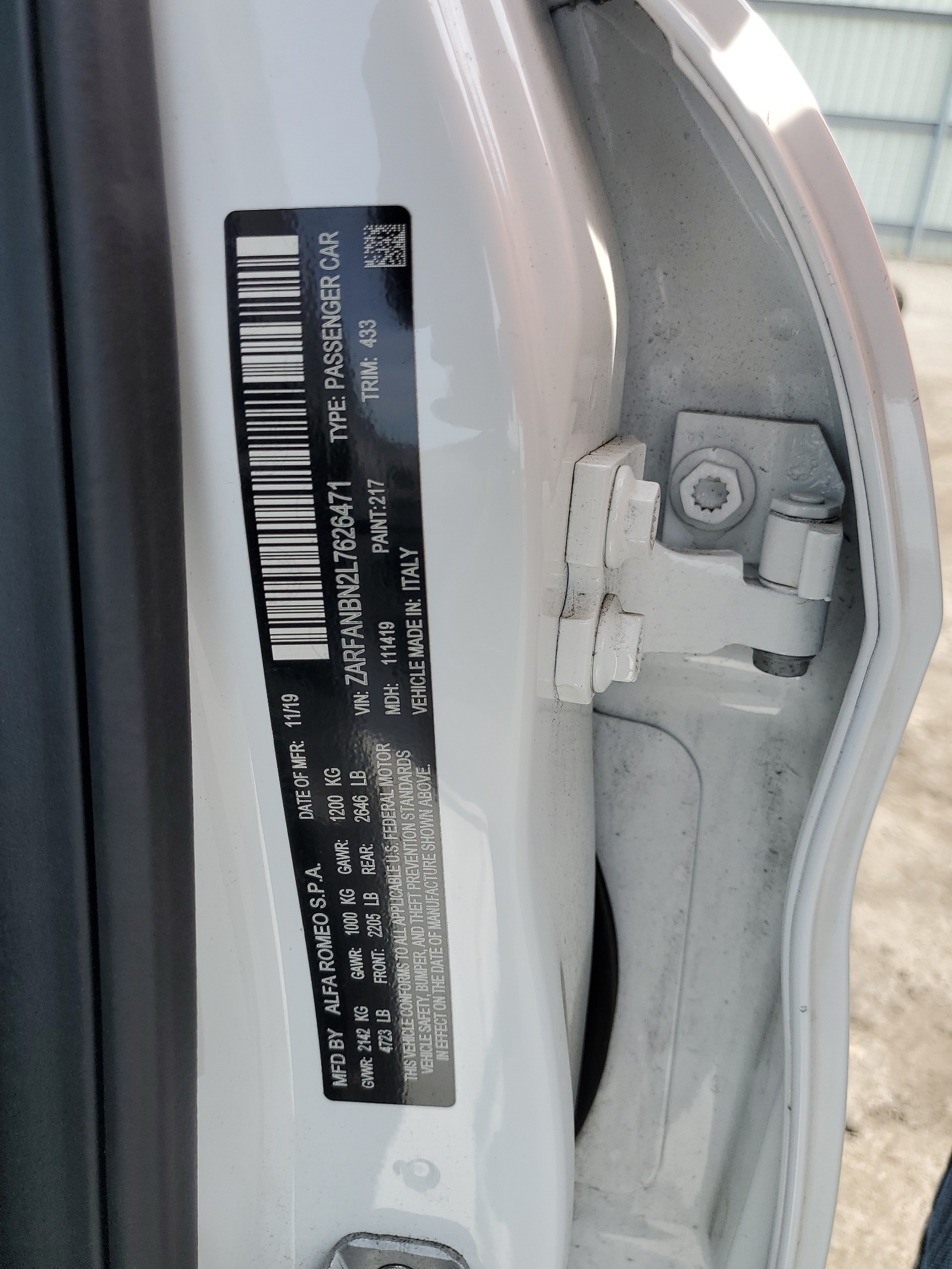 ZARFANBN2L7626471 2020 Alfa Romeo Giulia Ti