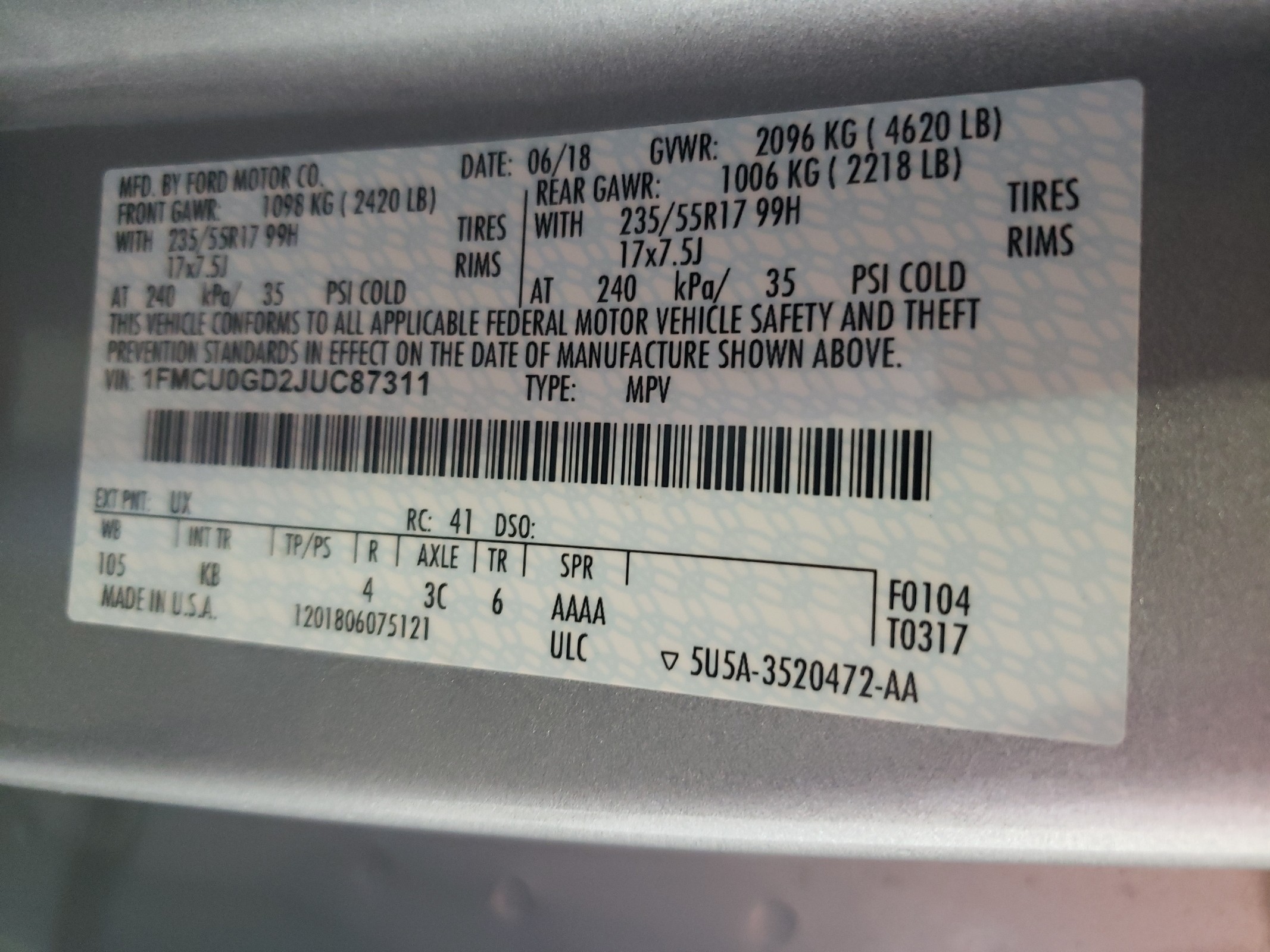 1FMCU0GD2JUC87311 2018 Ford Escape Se