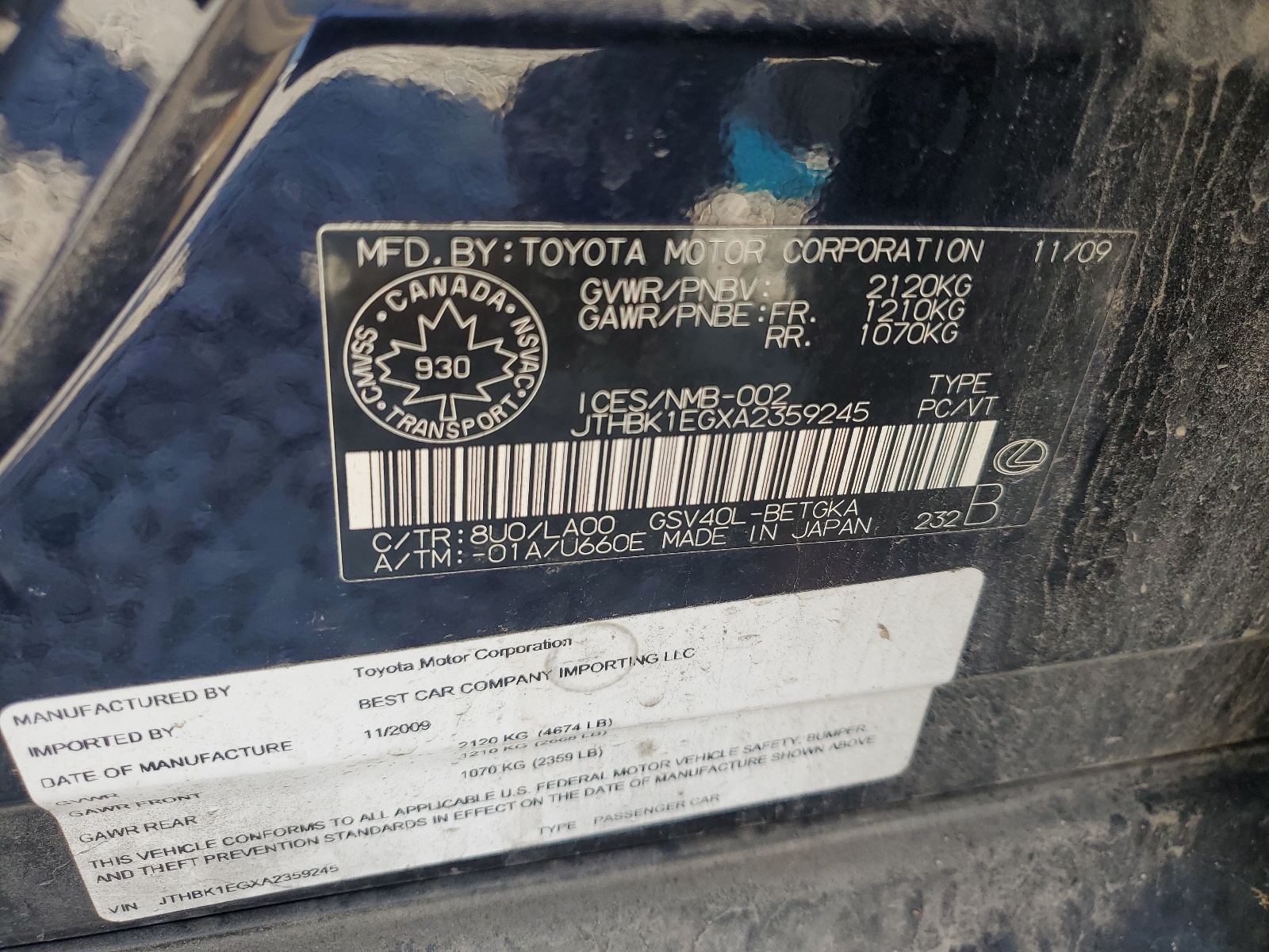 JTHBK1EGXA2359245 2010 Lexus Es 350