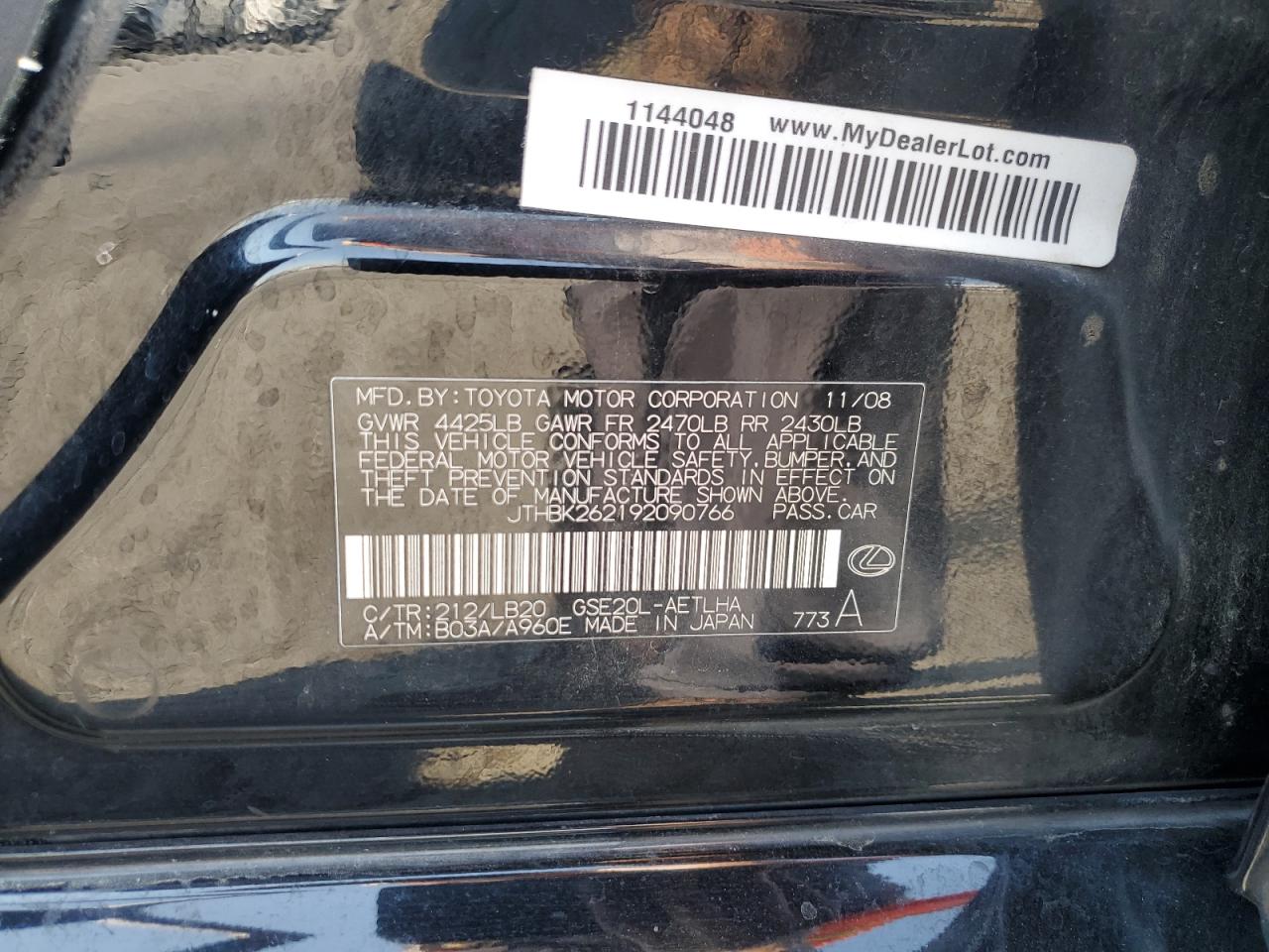 2009 Lexus Is 250 VIN: JTHBK262192090766 Lot: 62567924