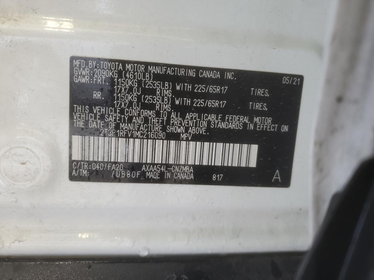 2021 Toyota Rav4 Xle VIN: 2T3P1RFV1MC216090 Lot: 61121134