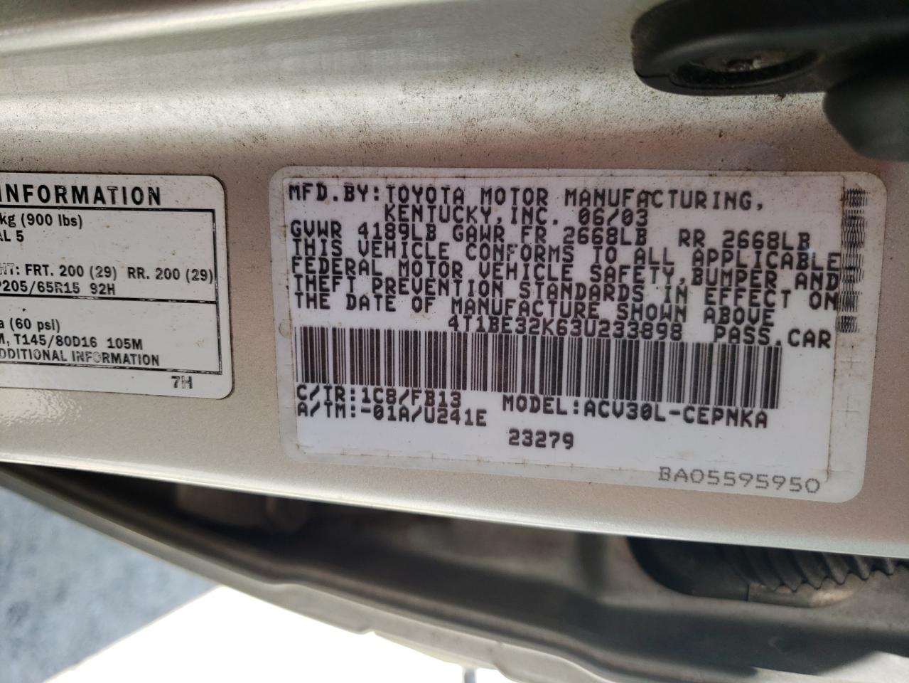 2003 Toyota Camry Le VIN: 4T1BE32K63U233898 Lot: 63690084