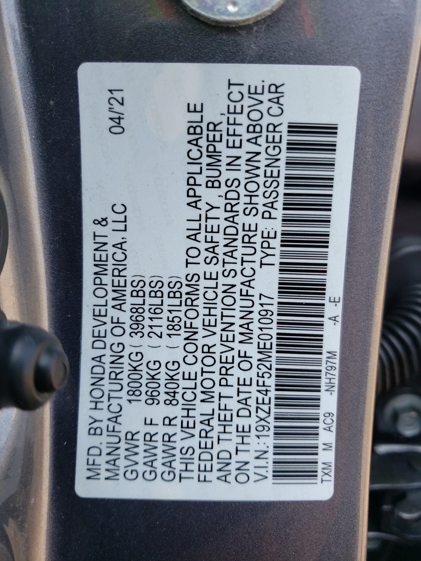 19XZE4F52ME010917 2021 Honda Insight Ex