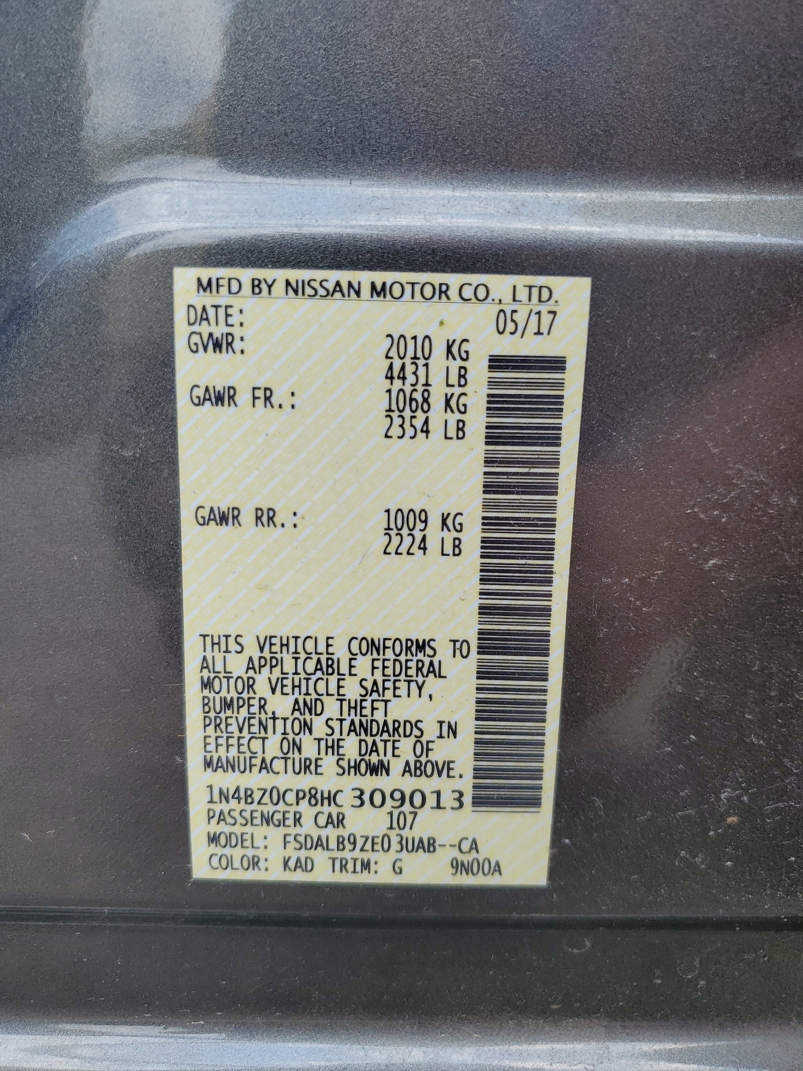 1N4BZ0CP8HC309013 2017 Nissan Leaf S