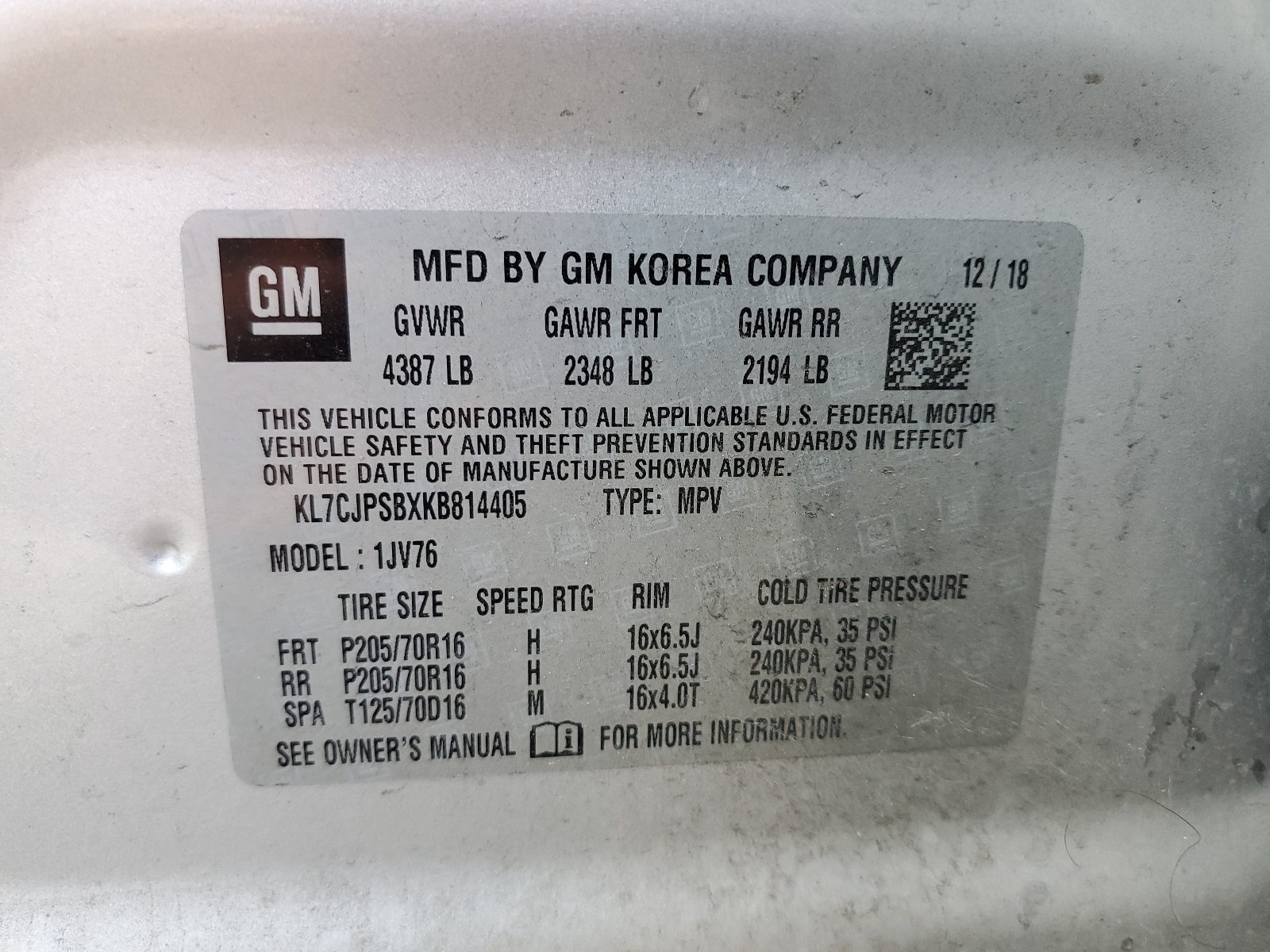 KL7CJPSBXKB814405 2019 Chevrolet Trax 1Lt