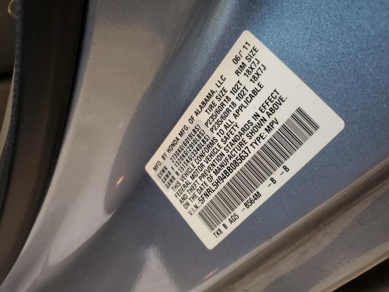 2011 Honda Odyssey Touring VIN: 5FNRL5H94BB085637 Lot: 62184104