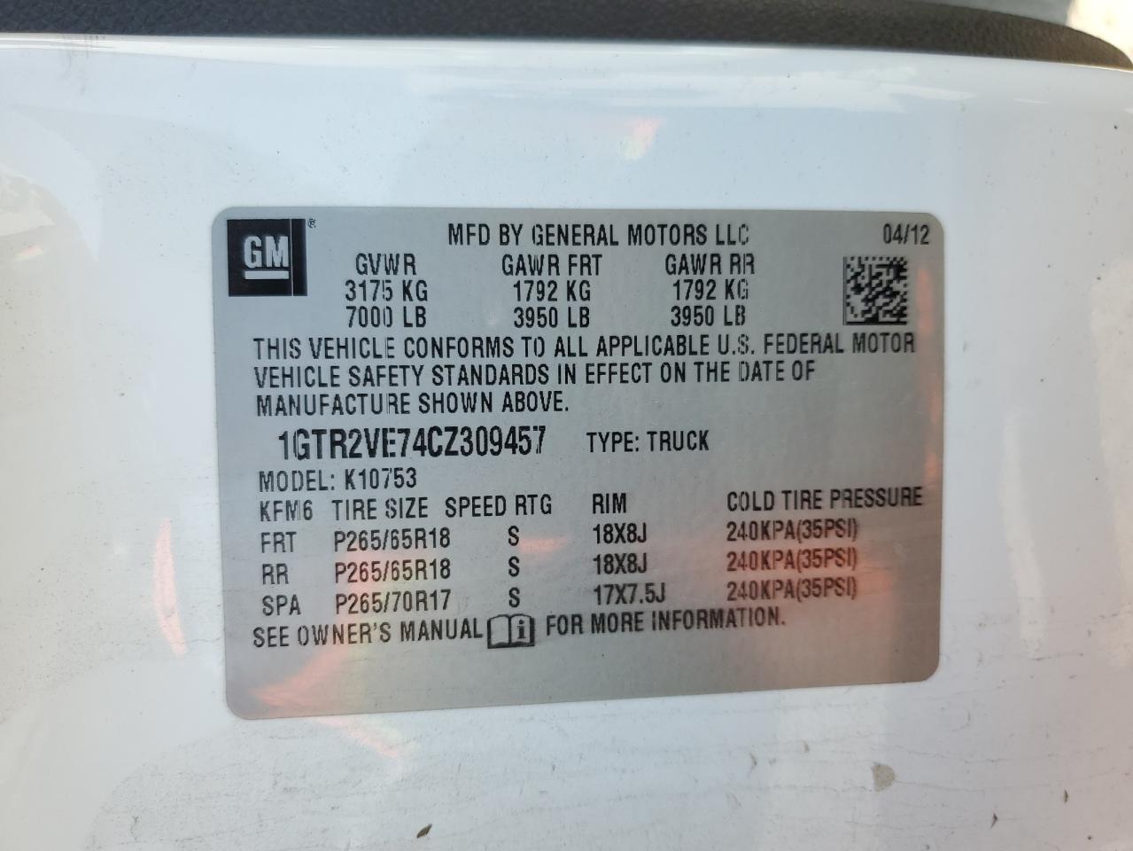 2012 GMC Sierra K1500 Sle VIN: 1GTR2VE74CZ309457 Lot: 64649044