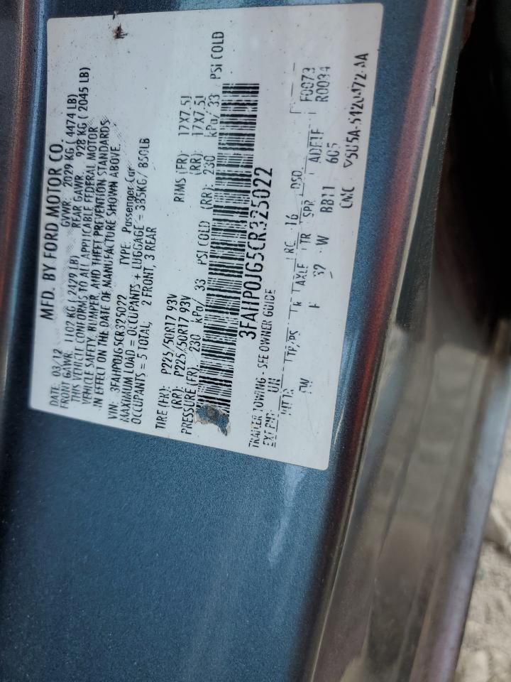 2012 Ford Fusion Sel VIN: 3FAHP0JG5CR325022 Lot: 63652214