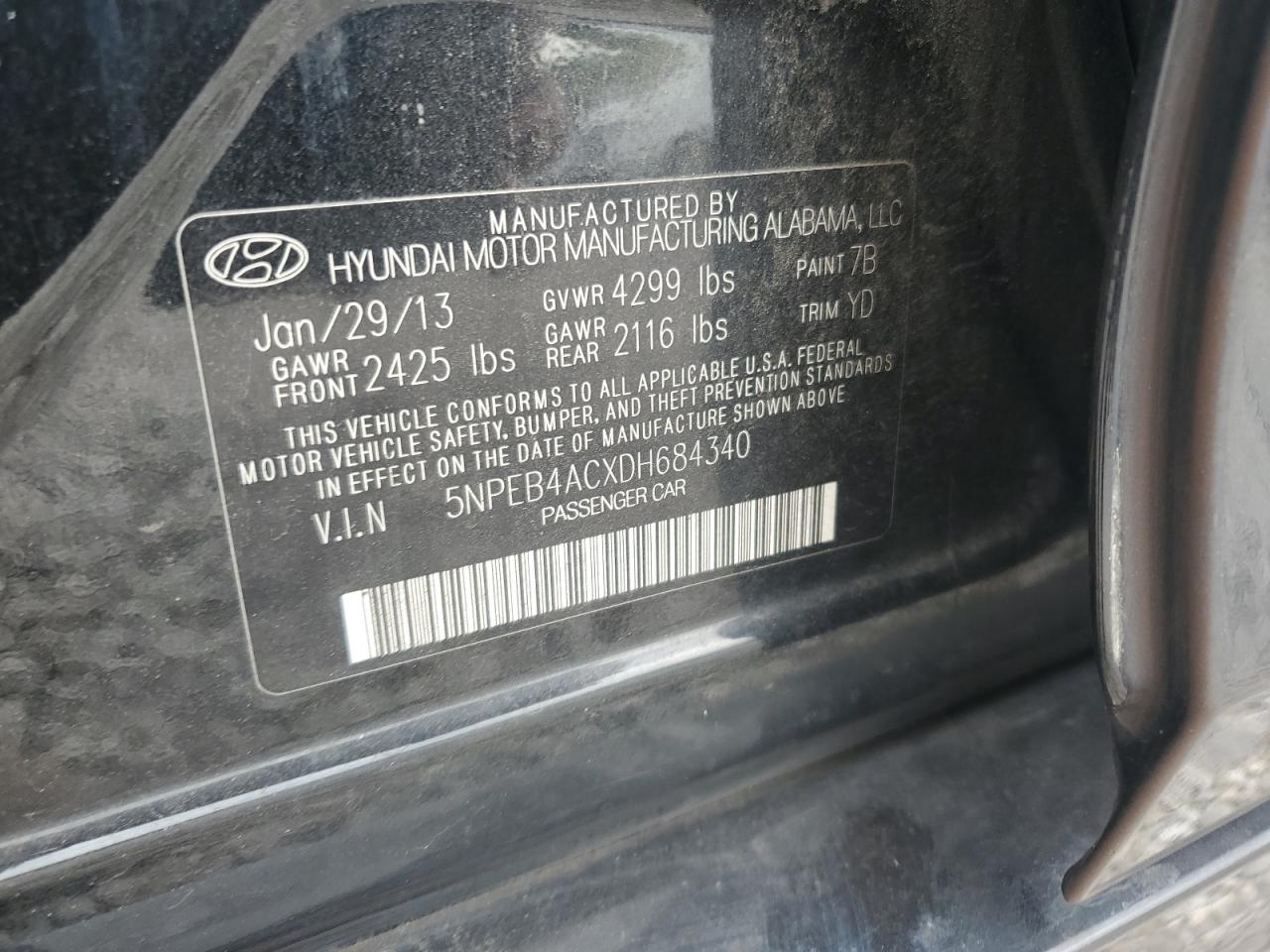 2013 Hyundai Sonata Gls VIN: 5NPEB4ACXDH684340 Lot: 64011964