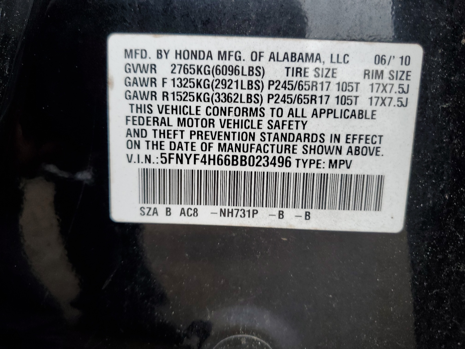 5FNYF4H66BB023496 2011 Honda Pilot Exl