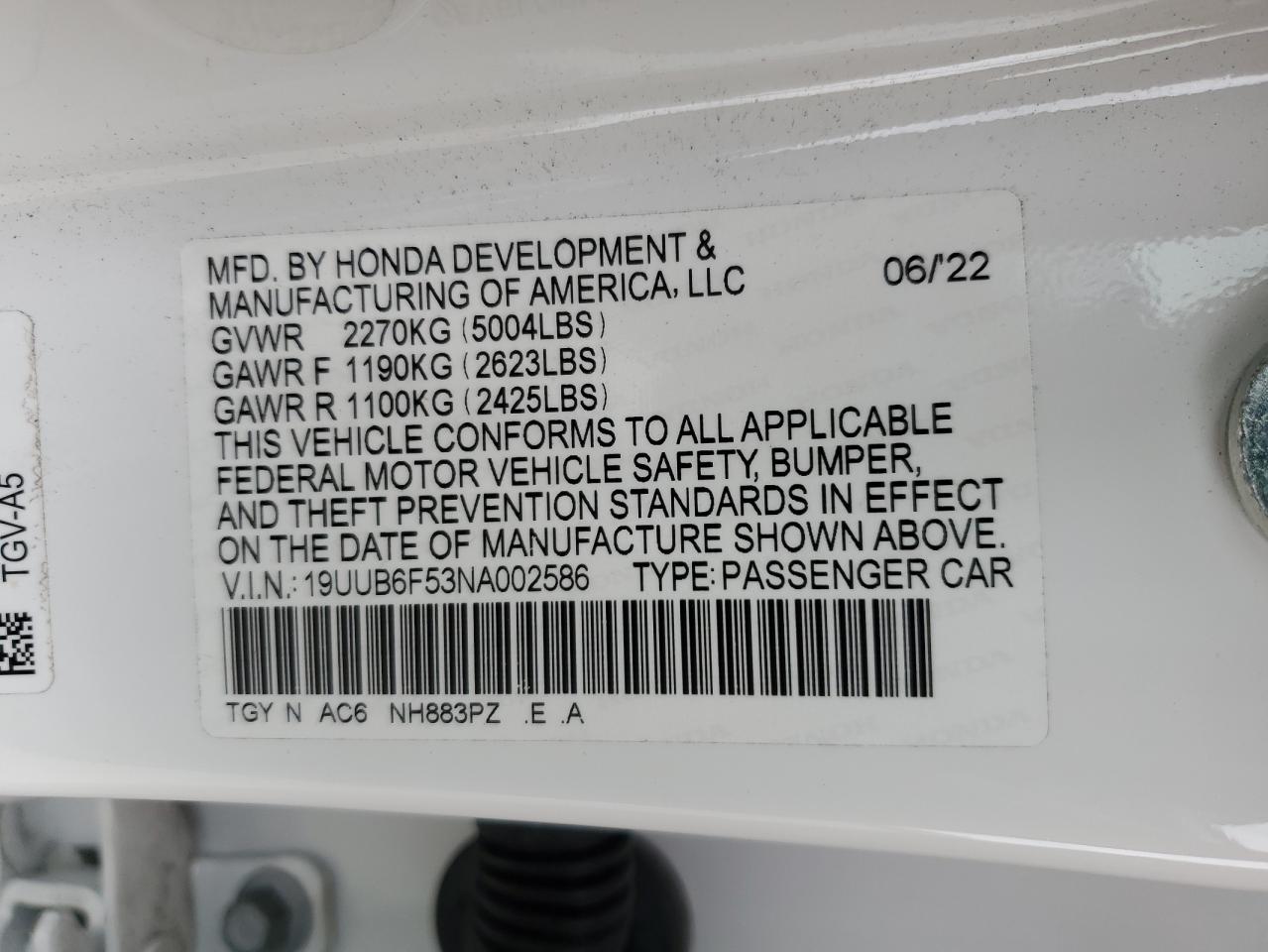 2022 Acura Tlx Tech A VIN: 19UUB6F53NA002586 Lot: 62993324