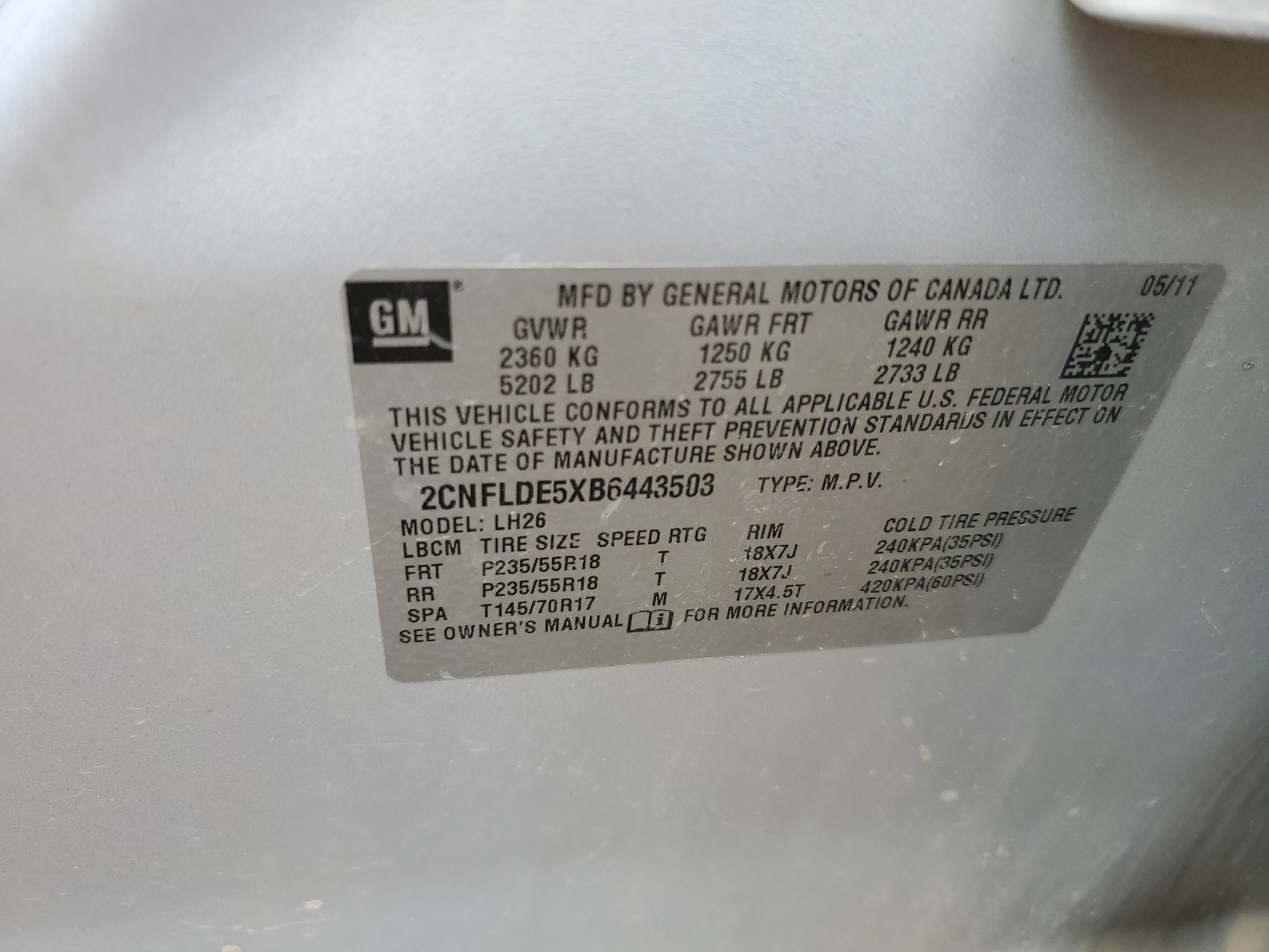 2CNFLDE5XB6443503 2011 Chevrolet Equinox Lt