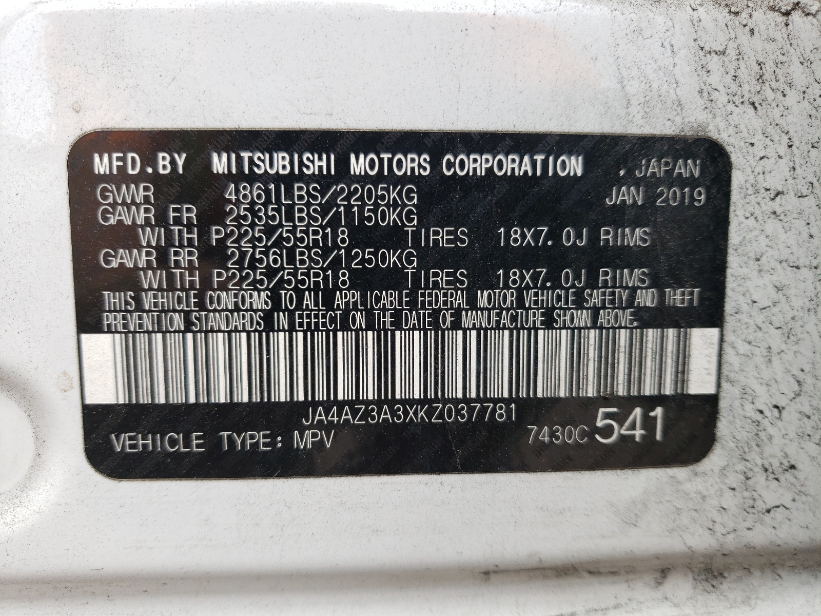 JA4AZ3A3XKZ037781 2019 Mitsubishi Outlander Se