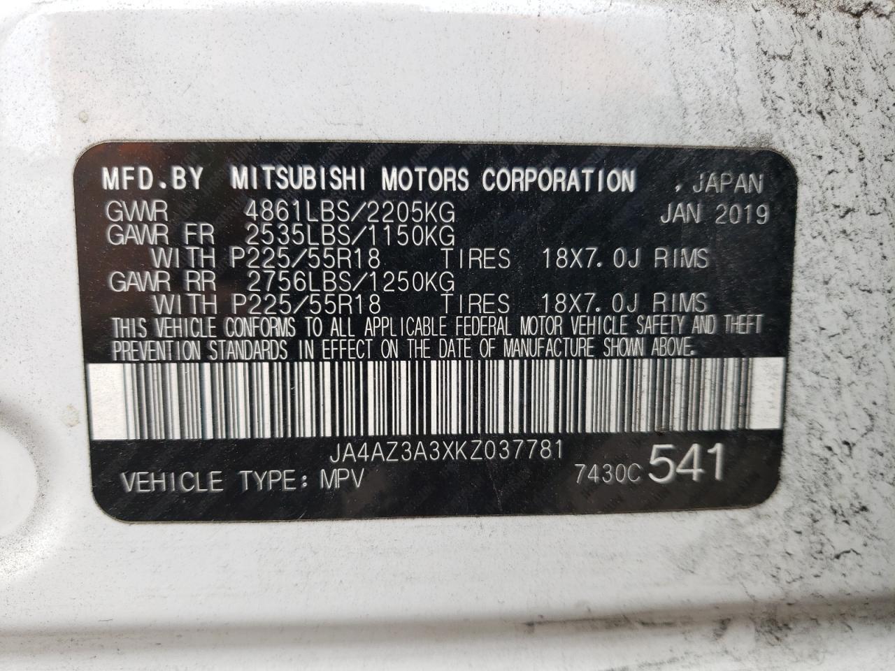 2019 Mitsubishi Outlander Se VIN: JA4AZ3A3XKZ037781 Lot: 63077854