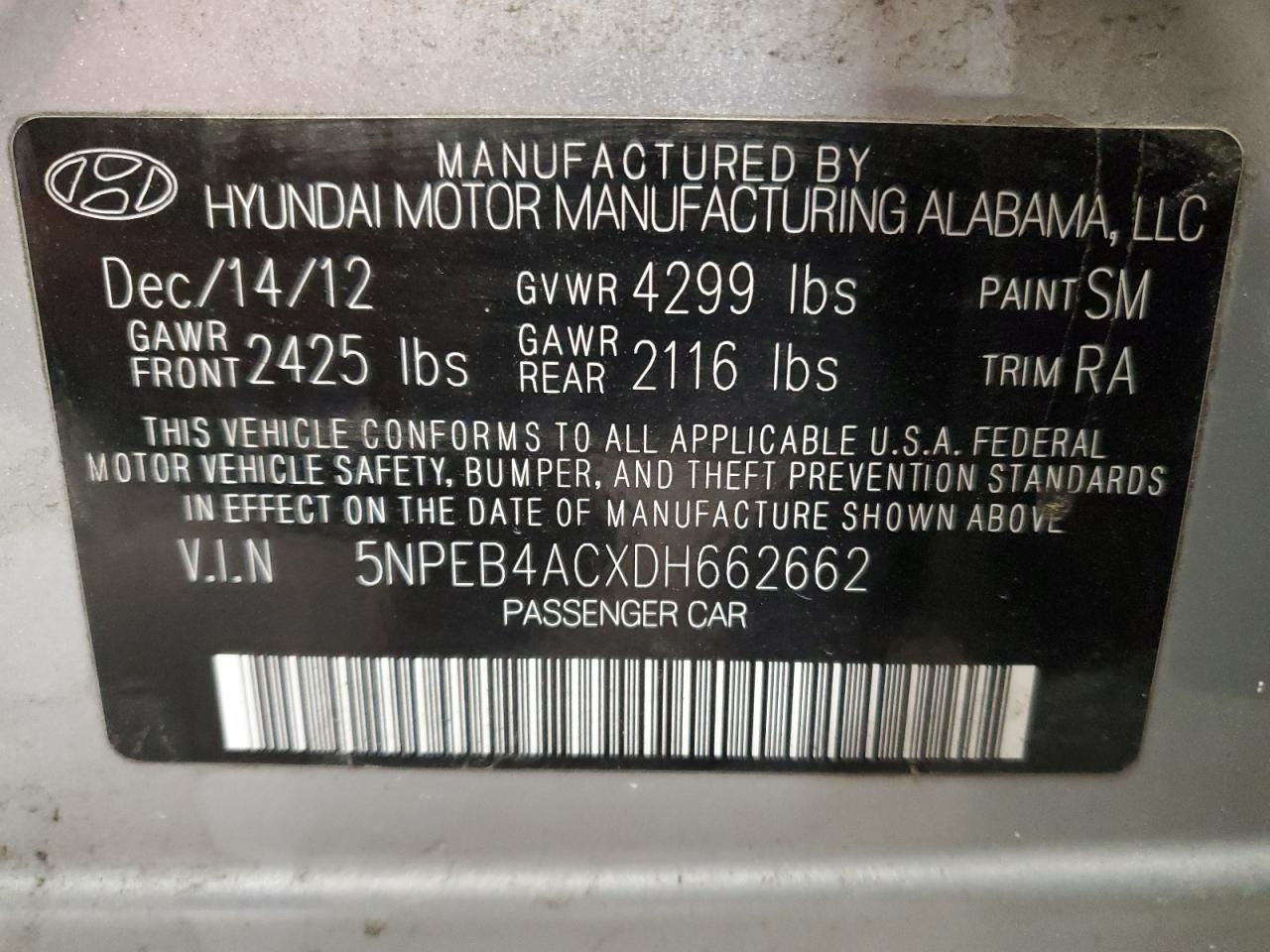 2013 Hyundai Sonata Gls VIN: 5NPEB4ACXDH662662 Lot: 60995064