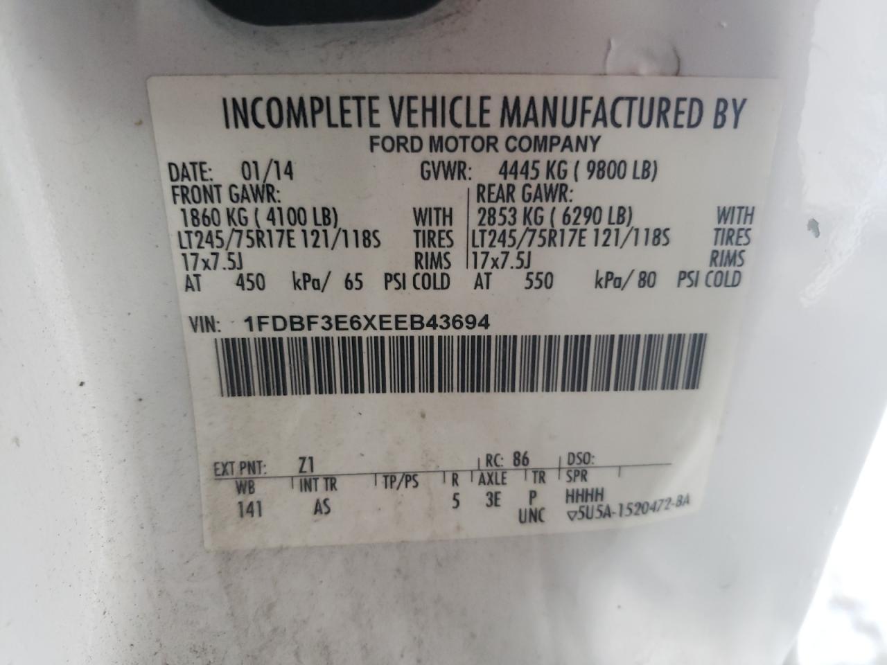 2014 Ford F350 Super Duty VIN: 1FDBF3E6XEEB43694 Lot: 61935464