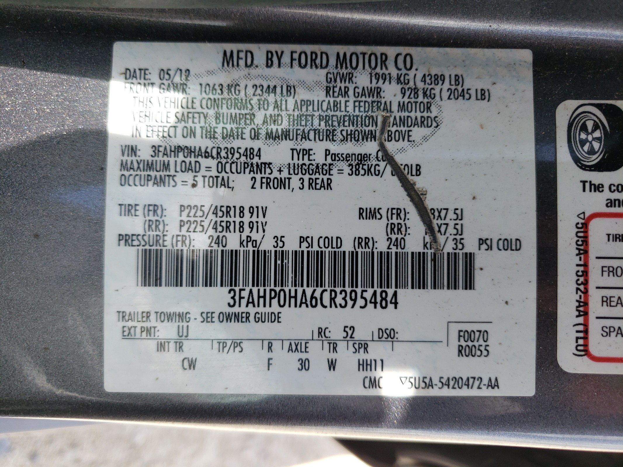 3FAHP0HA6CR395484 2012 Ford Fusion Se
