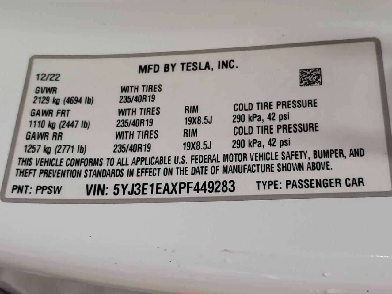 2023 Tesla Model 3 VIN: 5YJ3E1EAXPF449283 Lot: 63769324