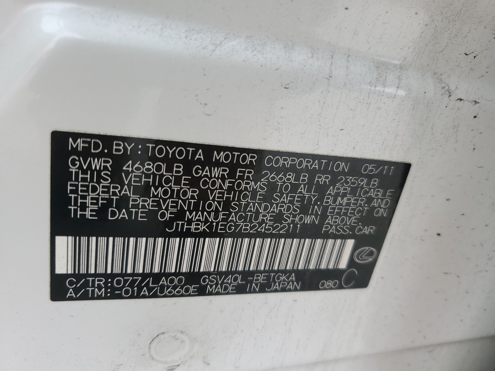 JTHBK1EG7B2452211 2011 Lexus Es 350