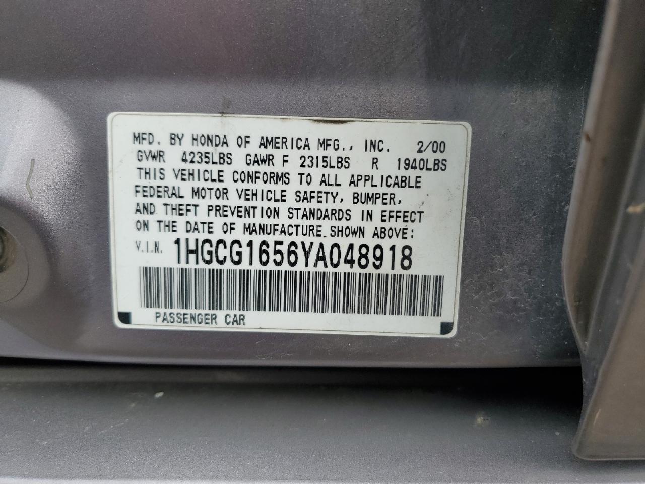 2000 Honda Accord Ex VIN: 1HGCG1656YA048918 Lot: 63838924
