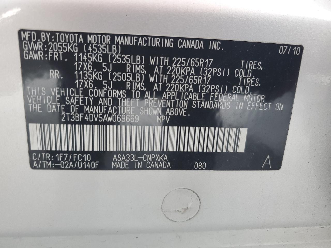 2010 Toyota Rav4 VIN: 2T3BF4DV5AW069669 Lot: 64110654