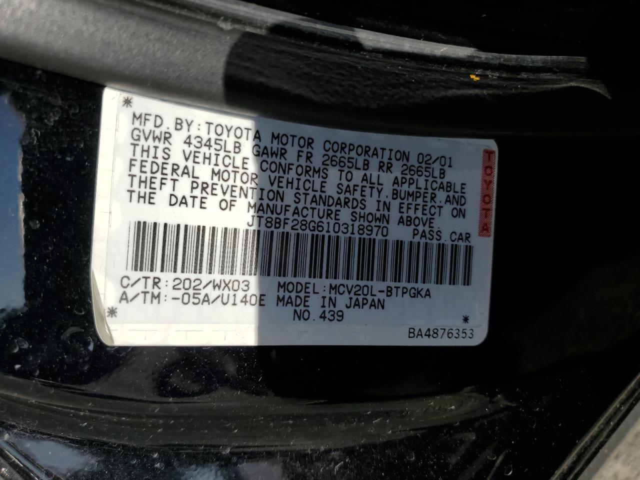 2001 Lexus Es 300 VIN: JT8BF28G610318970 Lot: 65025094