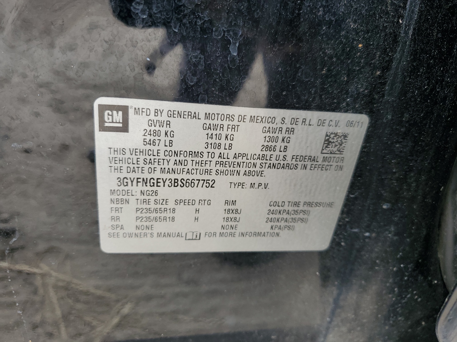 3GYFNGEY3BS667752 2011 Cadillac Srx