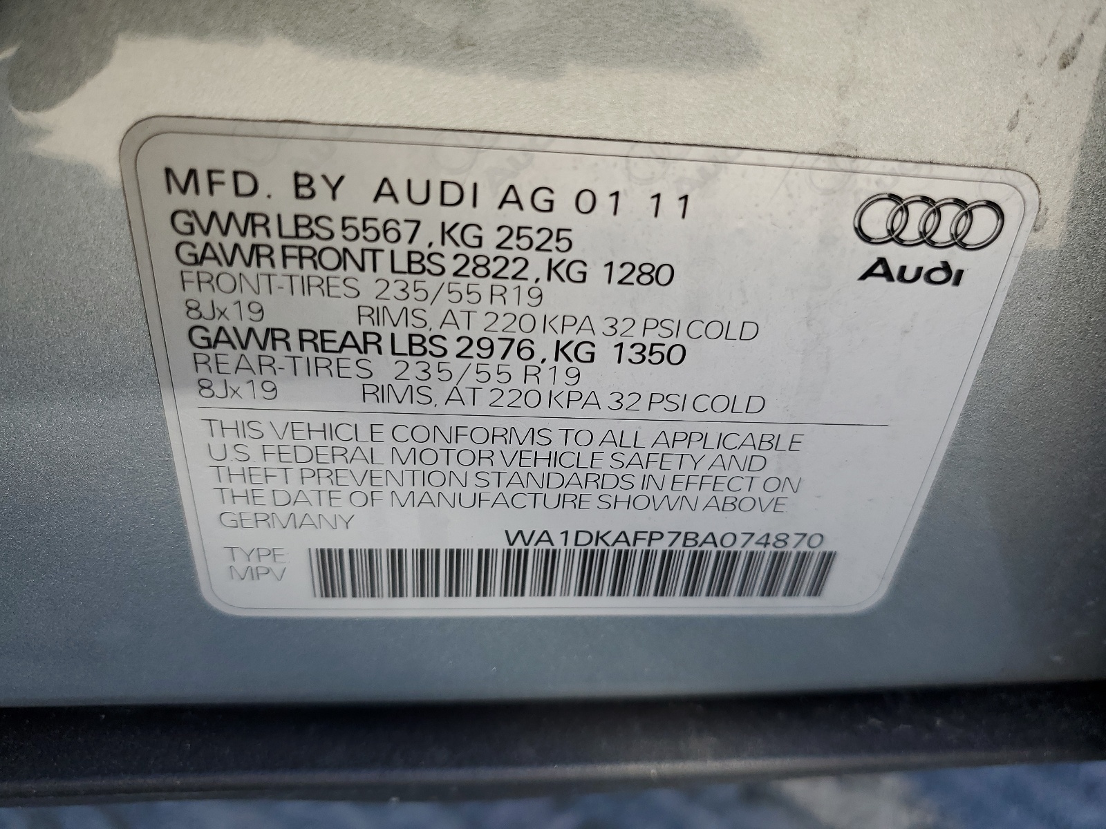 WA1DKAFP7BA074870 2011 Audi Q5 Premium Plus