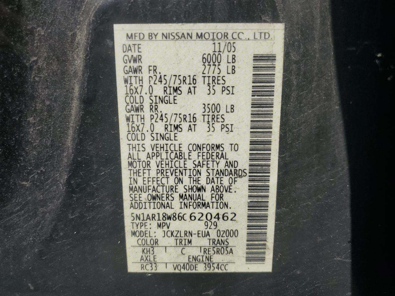 2006 Nissan Pathfinder Le VIN: 5N1AR18W86C620462 Lot: 63362484