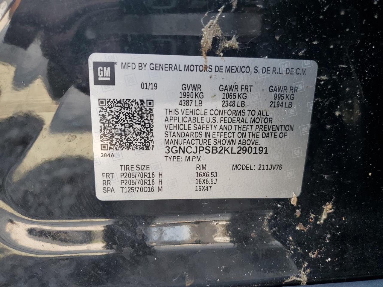 2019 Chevrolet Trax 1Lt VIN: 3GNCJPSB2KL290191 Lot: 64079504