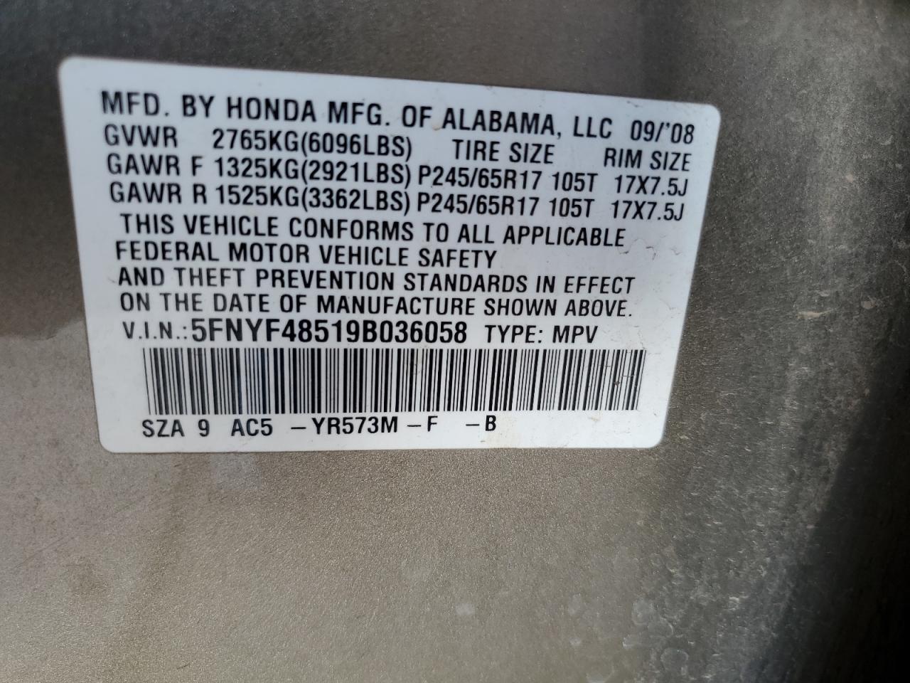 2009 Honda Pilot Exl VIN: 5FNYF48519B036058 Lot: 64656314