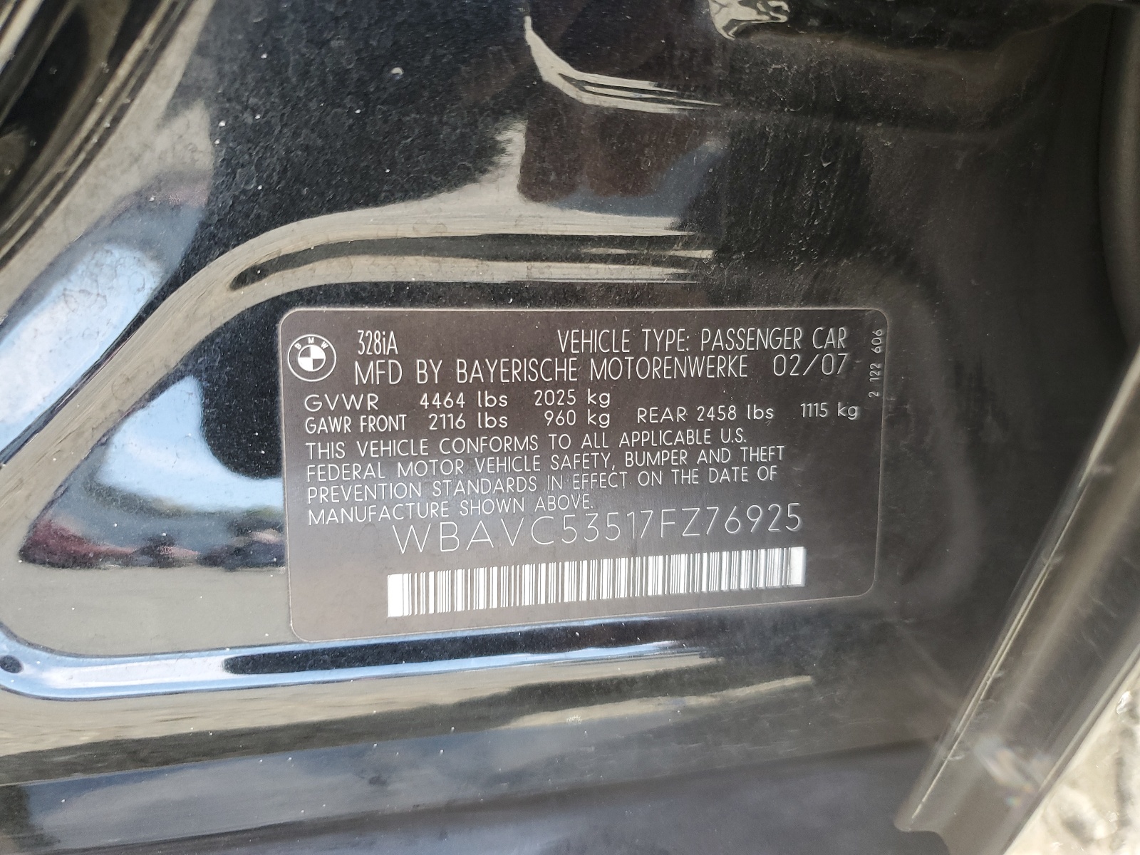 WBAVC53517FZ76925 2007 BMW 328 I Sulev