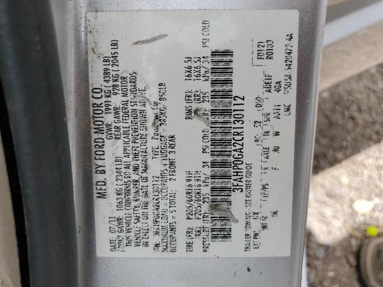 2012 Ford Fusion S VIN: 3FAHP0GA2CR130112 Lot: 61496614