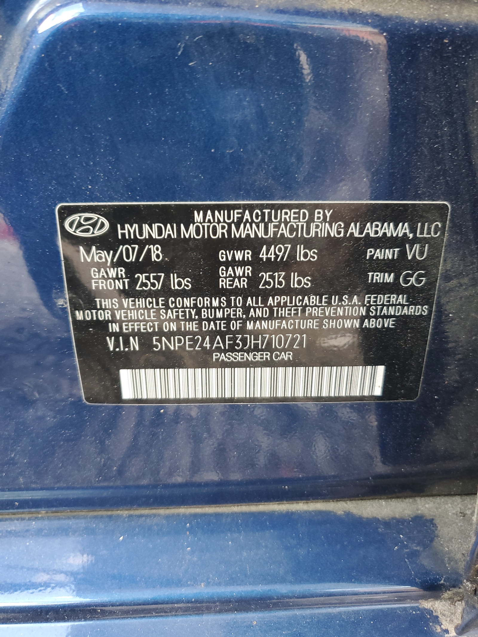 2018 Hyundai Sonata Se vin: 5NPE24AF3JH710721