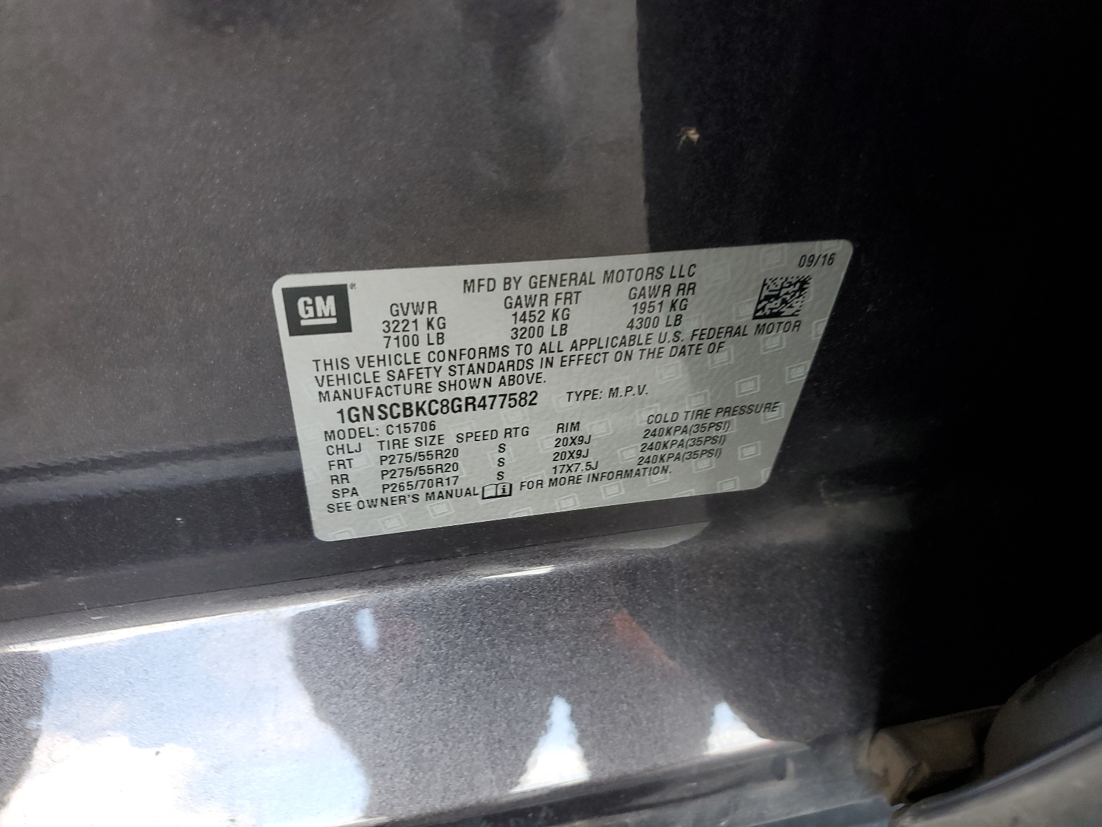 1GNSCBKC8GR477582 2016 Chevrolet Tahoe C1500 Lt