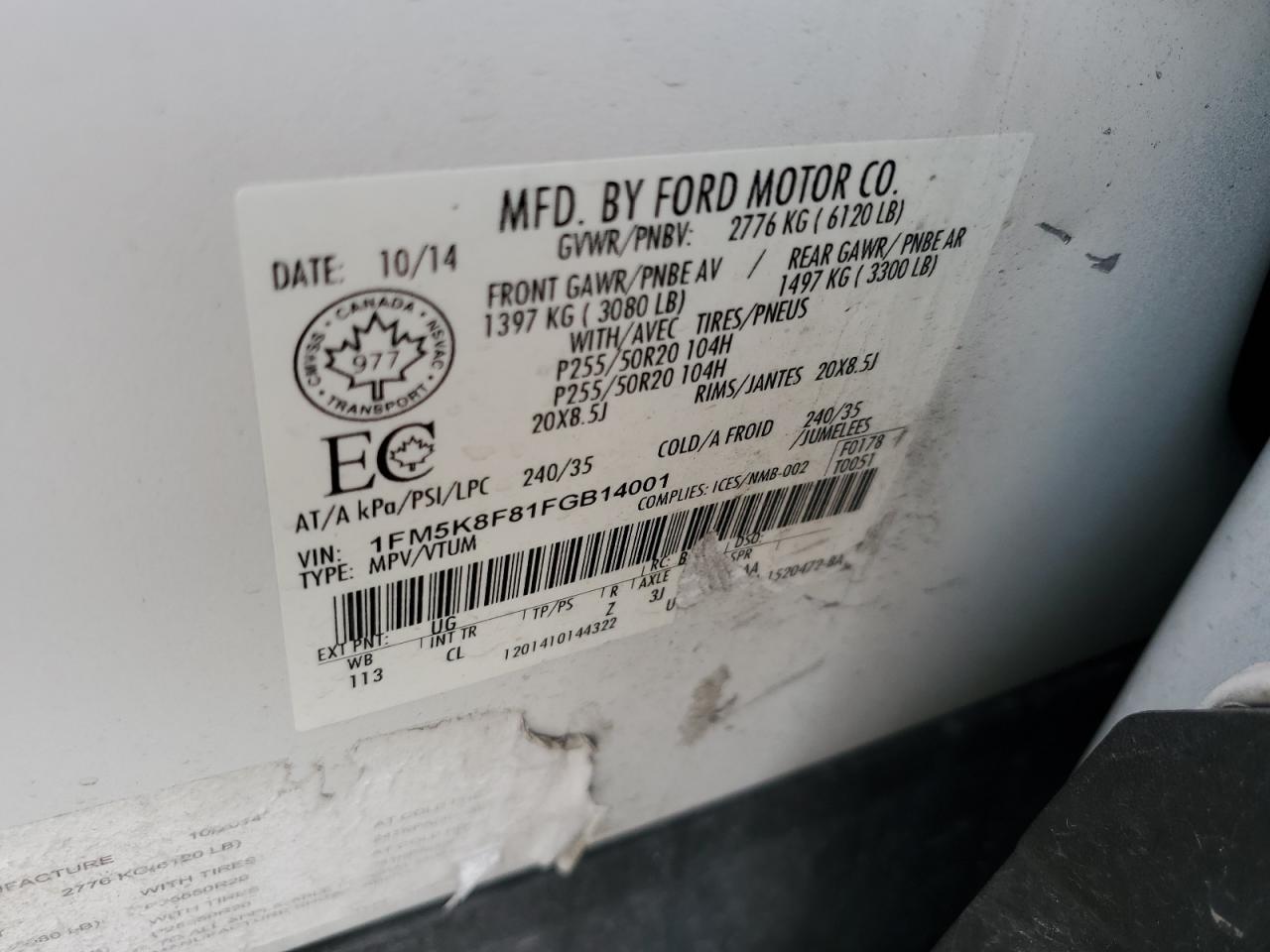 2015 Ford Explorer Limited VIN: 1FM5K8F81FGB14001 Lot: 62982864